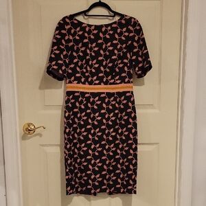 Boden Fleur Fitted Leaf Trellis Knee Length Dress, Black & Pink